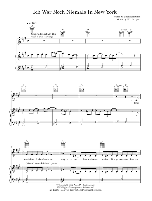 Ich War Noch Niemals In New York - Udo Jurgens (Piano-Vocal-Guitar (Piano Accompaniment))