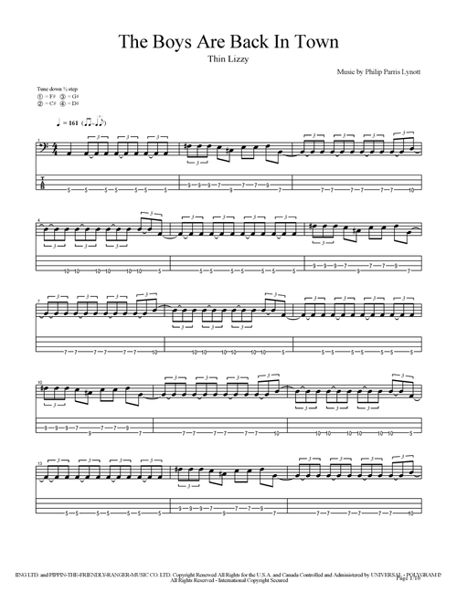 The Boys Are Back In Town (Arr. Fotis Toumanides) - Thin Lizzy (Bass Tab)