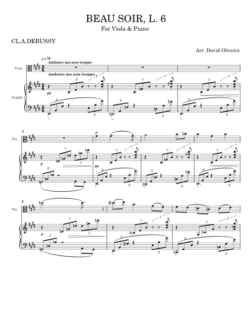 Beau soir L. 6 For Viola  Piano Claude Debussy sheet music arranged by sophiasapprentice