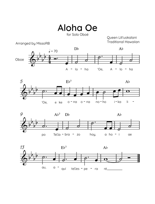 Aloha Oe - Solo Oboe in Ab Major Easy With Lyrics & Chords (Arr. MissoRB) - Queen Liliʻuokalani (Oboe Solo)