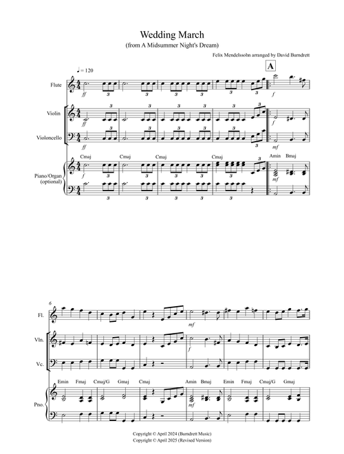 Wedding March (from A Midsummer Night's Dream) for Flute, Violin and Cello Trio (Arr. David Burndrett) - Felix Mendelssohn (Small Ensemble)