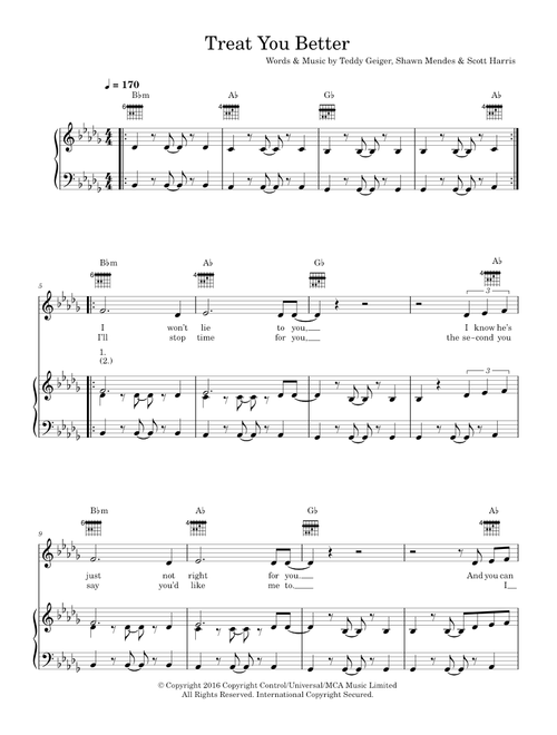 Treat You Better - Shawn Mendes (Piano-Vocal-Guitar (Piano Accompaniment))