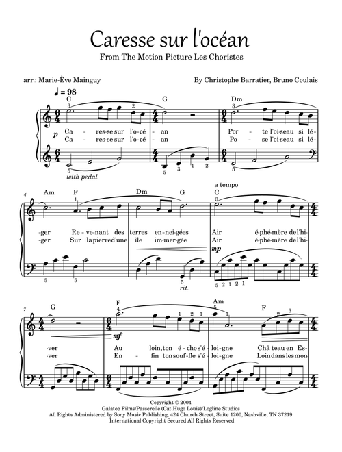Caresse Sur L'océan (Arr. Marie-Ève Mainguy) - Christophe Barratier, Bruno Coulais (Piano-Vocal-Guitar (Piano Accompaniment))