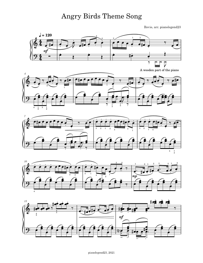Angry Birds (Rovio) for Piano arr. pianolegend23 Sheet Music for Piano ...