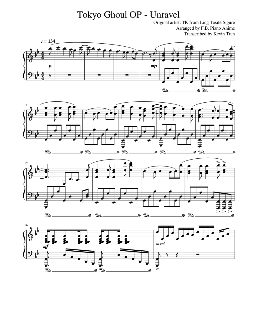Tokyo Ghoul OP - Unravel | F.B. Piano Anime Sheet Music for Piano (Solo