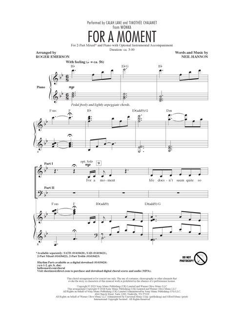 For A Moment (from Wonka) (arr. Roger Emerson) - Calah Lane & Timothée Chalamet (Choral, 2-Part Mixed)