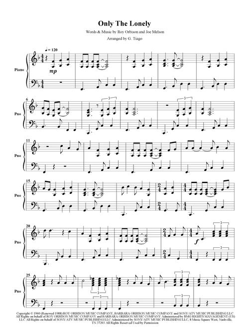 Only The Lonely (Know The Way I Feel) (Arr. G. Tiago) - Roy Orbison (Piano Solo)