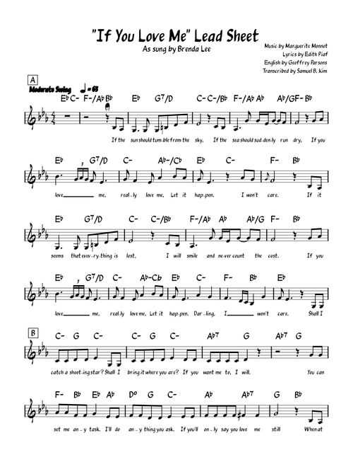 If You Love Me (I Won't Care) (Hymne A L'amour) – Edith Piaf, Mack David Piaf-Monot-Parsons "If You Love Me" Lead Sheet