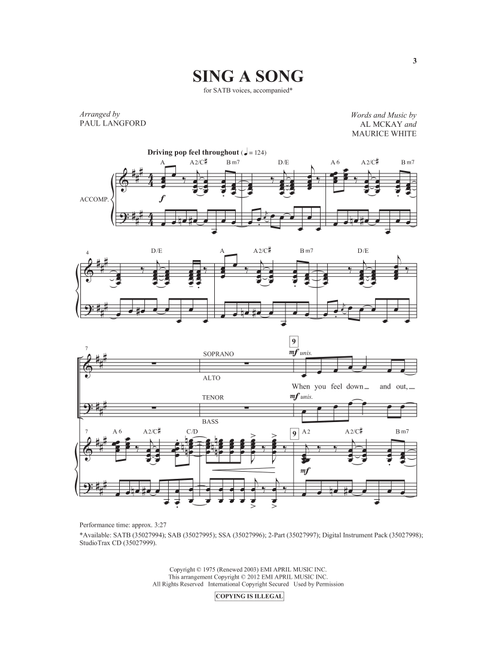 Sing A Song (arr. Paul Langford) - Earth Wind & Fire (Choral, SATB)
