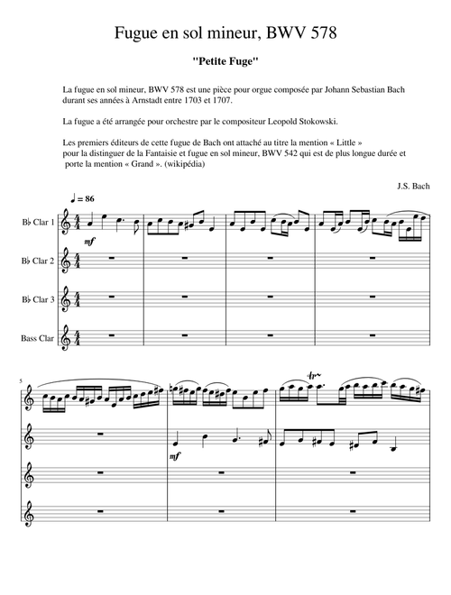 Fugue en sol mineur , BWV 578  pour quatuor de clarinettes -Bach