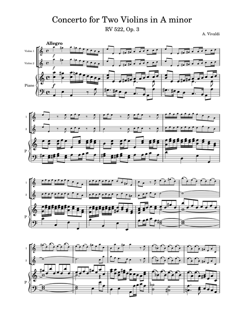 Concerto for Two Violins in A minor - RV 522, Op.3 - Vivaldi (Arr. Émile Savoie) - Antonio Vivaldi (Instrumental Duet and Piano)