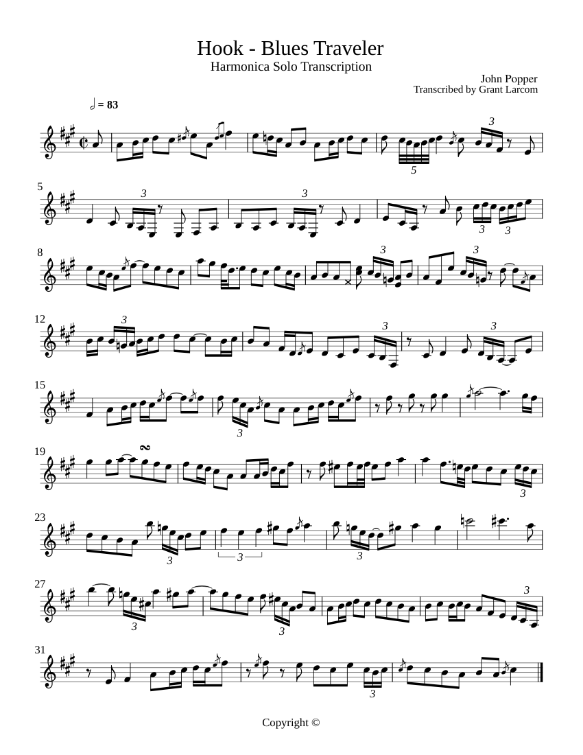 Hook Blues Traveler Harmonica Solo Sheet music for Piano Solo Musescore