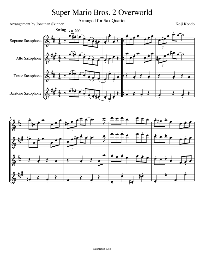 Super Mario Bros. 2 Overworld Theme - Sax Quartet Sheet Music for ...