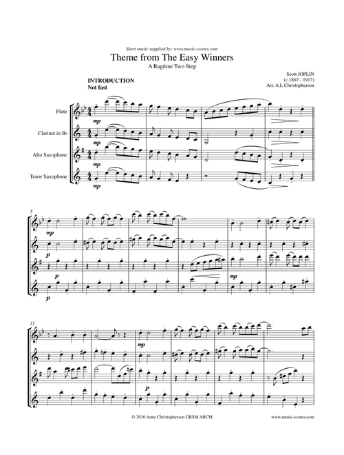 The Easy Winners - Wind Quartet for Flute, Clarinet, Alto and Tenor Saxophone (Arr. Anne Christopherson GRSM ARCM) - Joplin, Scott (Small Ensemble)