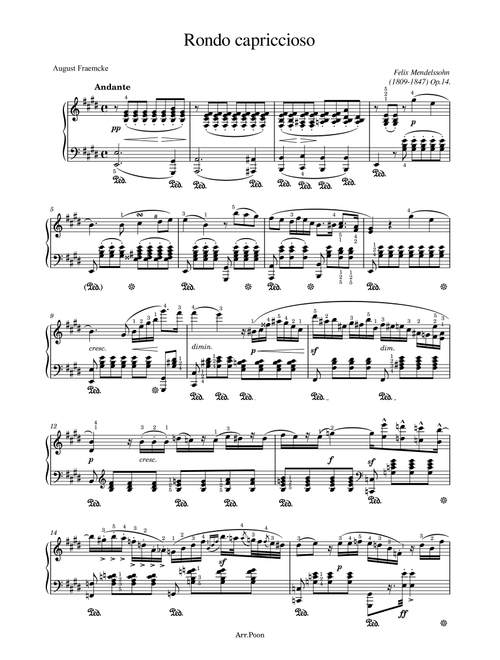 Mendelssohn - Rondo capriccioso, Op.14 - Original With Fingering - For Piano Solo (MWV U67) (Arr. poon) - Felix Mendelssohn (Piano Solo)