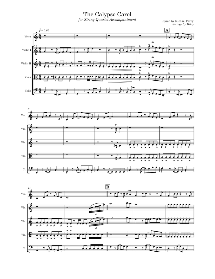 Calypso Carol See him lying on a bed of straw. String Quartet Sheet