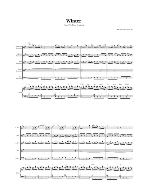 Largo from Winter by Vivaldi for Recorder Quintet and Piano with Chords (Arr. Langanho) - Antonio Vivaldi (Recorder Ensemble)