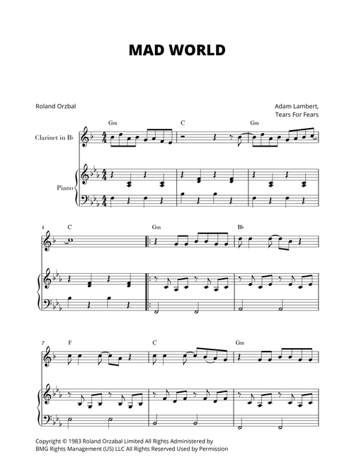 Mad World (Arr. Cadenza Editions) - Adam Lambert (Clarinet and Piano)