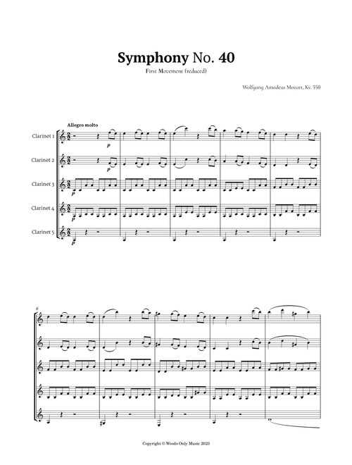 Symphony No. 40 by Mozart for Clarinet Quintet (Arr. Ander) (Woodwind Ensemble)
