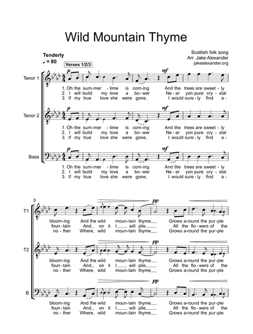 Wild Mountain Thyme - TTB a cappella (Arr. Jake Alexander) - Traditional (Choral, 3-Part)