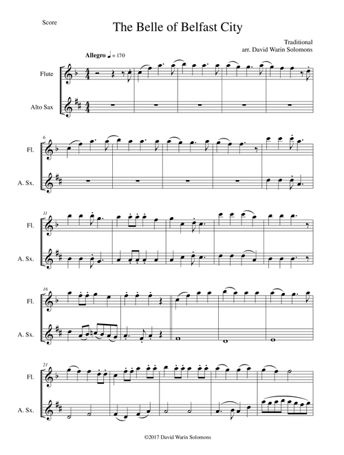 Belle of Belfast City (I'll tell my ma) for flute and alto saxophone (Arr. David Warin Solomons) - Traditional (Instrumental Duet)