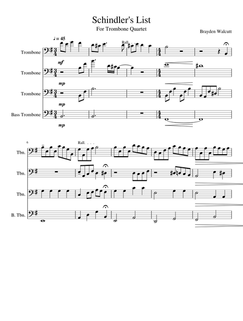 Schindler's List For Trombone Quartet