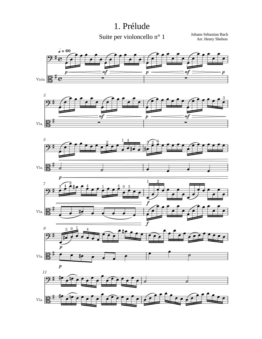 Prelude from Cello Suite No.1 in G Major BWV 1007 Johann Sebastian Bach Prelude Cello Suite No. 1 for Viola Cello Sheet music for Viola Cello String Duet Musescore