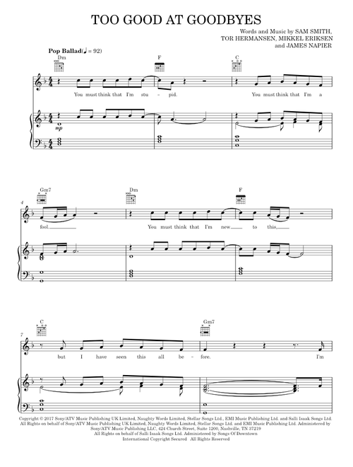 Too good at goodbyes - Sam Smith (Piano-Vocal-Guitar)