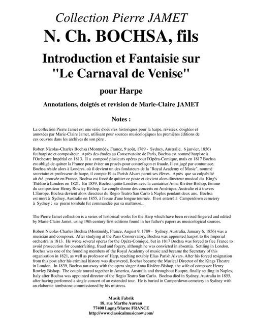 N. Ch. BOCHSA,  fils Introduction et Fantaisie sur "Le Carnaval de Venise" pour Harpe (Arr. Marie-Claire Jamet) - Nicolas-Charles Bochsa (Harp)