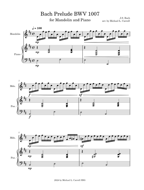 Cello Suite No.1 in G major, BWV 1007 – Johann Sebastian Bach -- for Mandolin and Piano