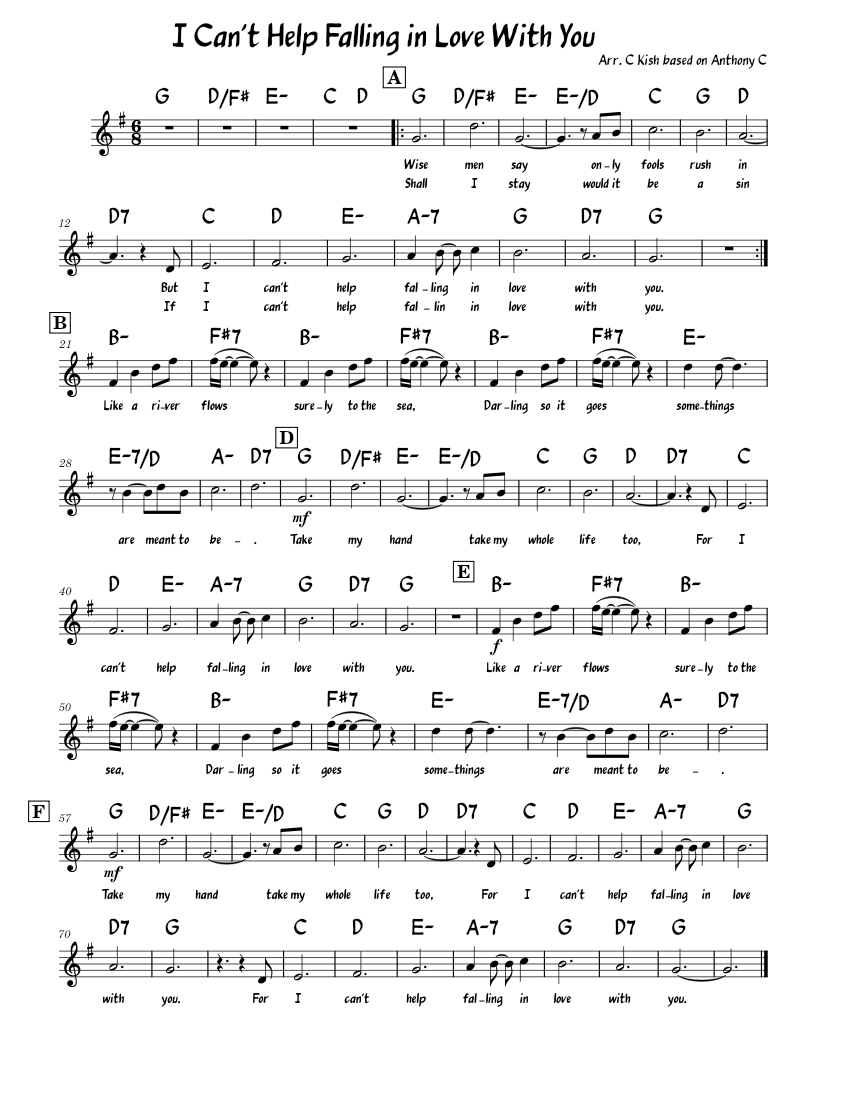 I Can't Help Falling In Love With You – Elvis Presley . Sheet music for ...