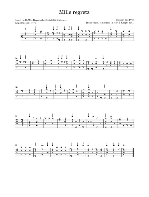 Mille regretz – Josquin des Prez - for solo lute, simplfied a3, in French tablature