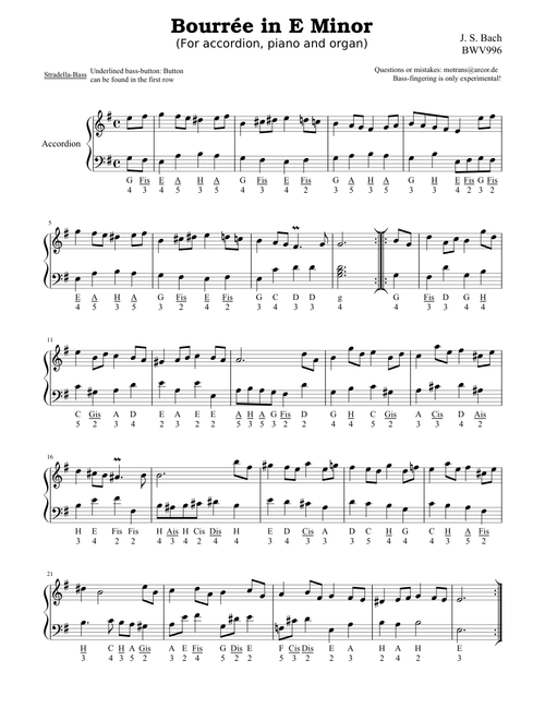 Bourrée in E Minor J.S. Bach BVW996 accordion