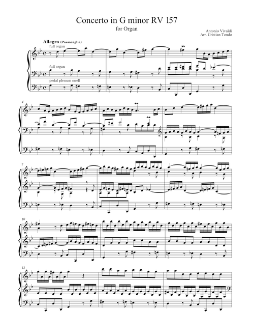 Concerto in G minor, RV 157 – Antonio Vivaldi (Arr. for Organ by Cristian Tondo)