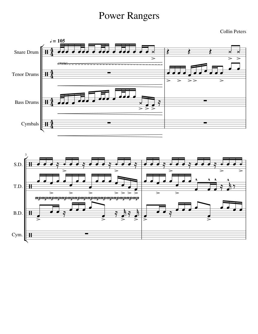 Silver Ranger Raptor Pickup Music Sheets Power Rangers (Extended Version) Sheet music for Snare drum, Crash ...