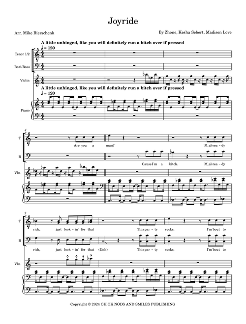 Joyride (Arr. Mike Bierschenk) - Kesha (Choral, TTBB)