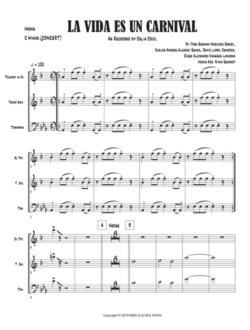 La Vida Es Un Carnival (Arr. Ryan Gabbart) - Carlos Andres Alcaraz Gomez, Jose German Noguiera Gomez, David Lopez Cendros (Small Ensemble)