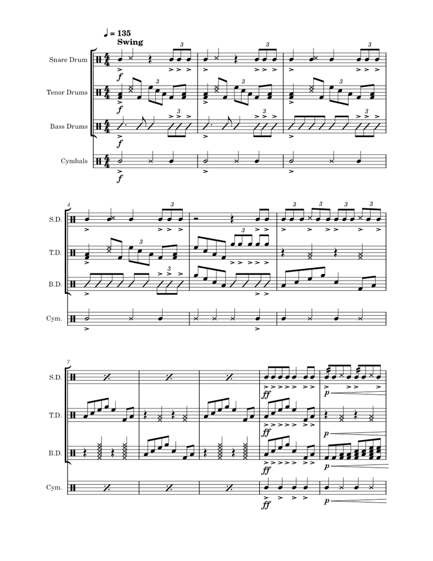 Lick cadence Sheet music for Snare drum, Crash, Tenor drum, Bass drum