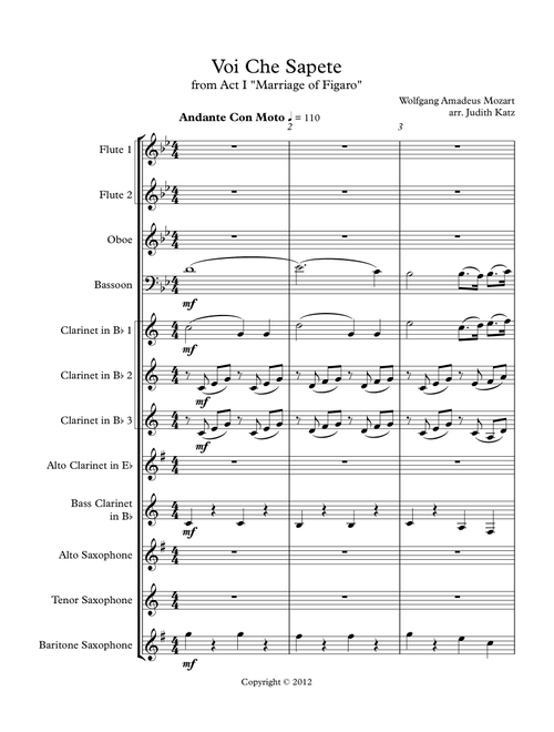 Voi Che Sapete - for woodwind choir (Arr. Judith Katz) - Wolfgang Amadeus Mozart (Large Ensemble)