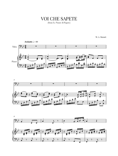 Mozart - Voi Che Sapete (for Tuba and Piano) (Arr. Cadenza Editions) - Wolfgang Amadeus Mozart (Tuba and Piano)