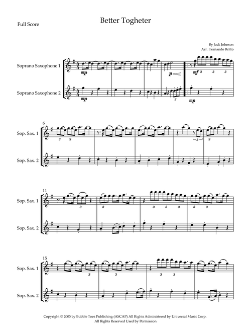Better Together (Arr. Fernando Britto) - Jack Johnson (Soprano Sax Duet)