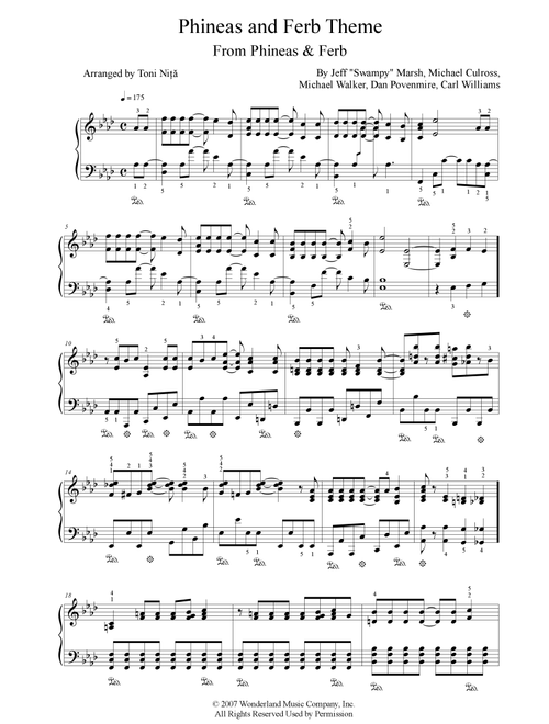 Phineas And Ferb Theme (Arr. Toni Nita) - Carl Williams, Michael Walker, Jeff "Swampy" Marsh (Piano Solo)
