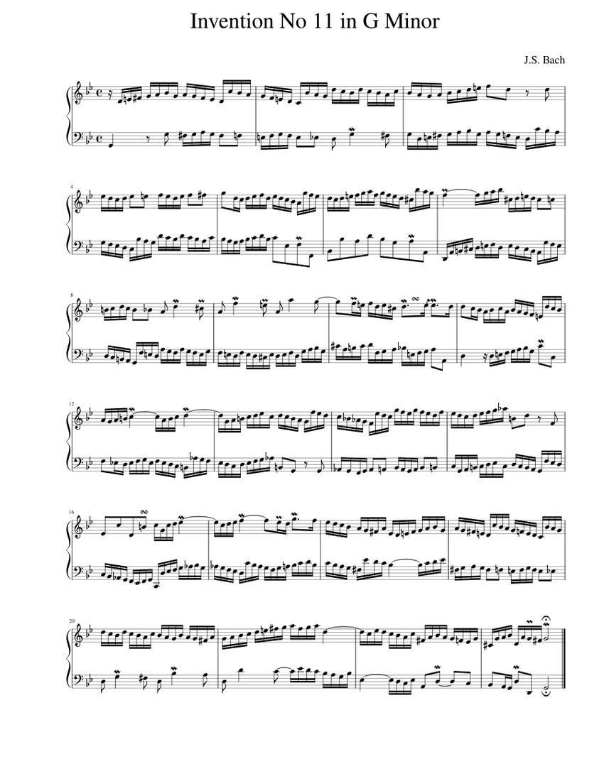 J.S. Bach Invention No. 11 in G Minor Sheet Music for Piano (Solo
