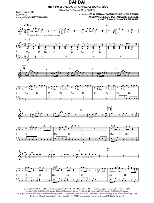 Dai Dai (Arr. Christoph Ohm) - Shakira & Burna Boy (Tenor Sax and Piano)