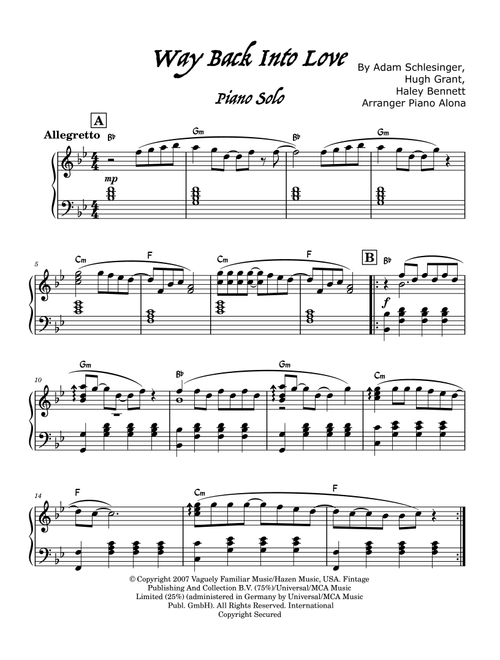 Way Back Into Love (Arr. Piano Alona) - Hugh Grant And Haley Bennett (Piano Solo)