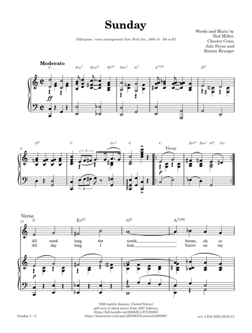 Sunday - Chester Conn, Bennie Krueger, Ned Miller, Jule Styne [1926 piano / vocal arrangement]