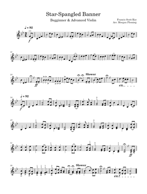 The Star Spangled Banner – Francis Scott Key - Violin - Beginner + Advanced