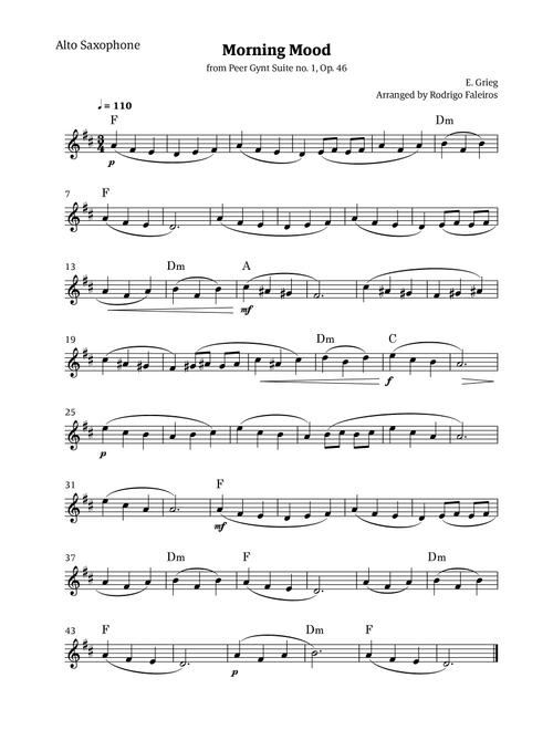 Morning Mood (solo alto sax - level 3 - with chords) (Arr. Rodrigo Faleiros) - Edvard Grieg (Alto Sax Solo)