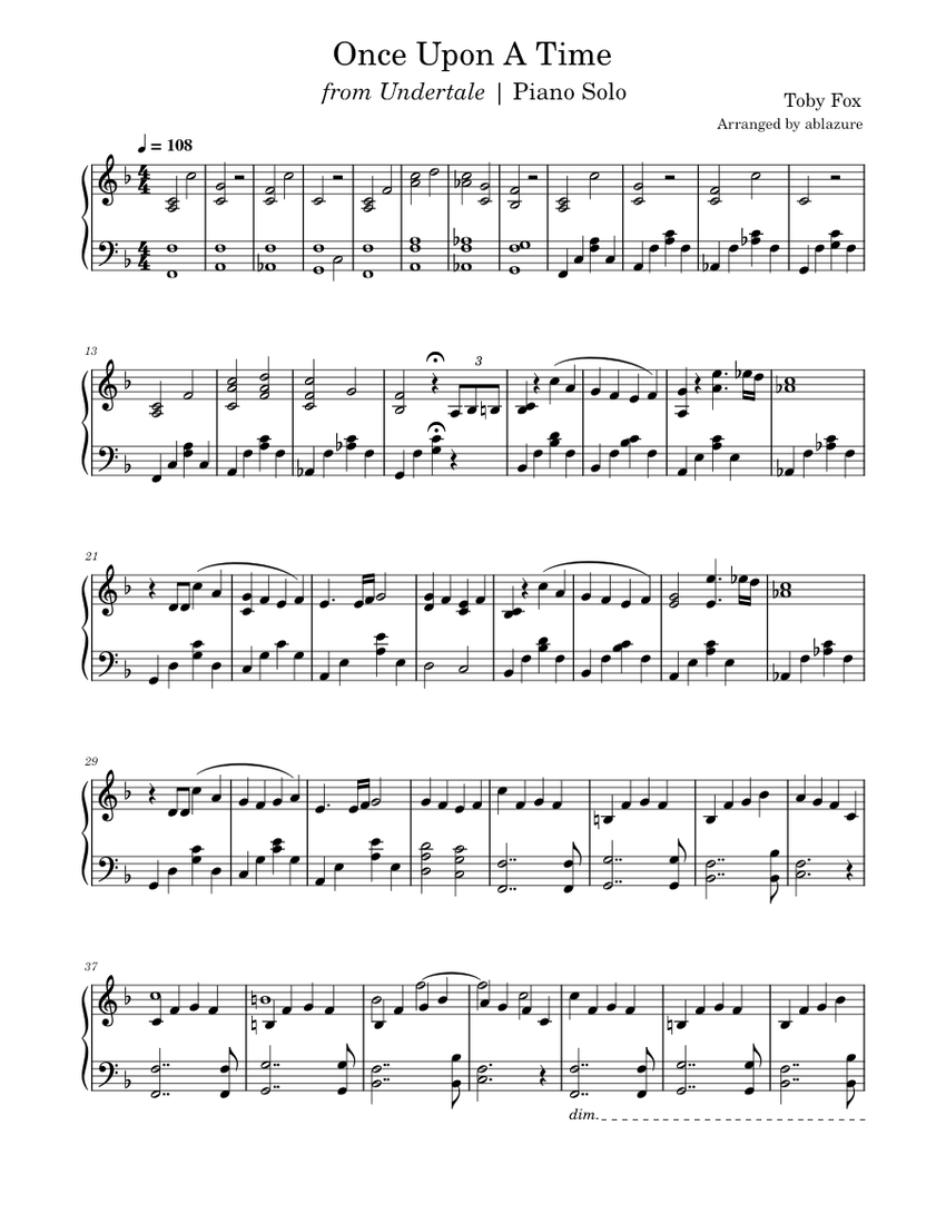 Once Upon A Time – Toby Fox (Piano) Sheet Music for Piano (Solo