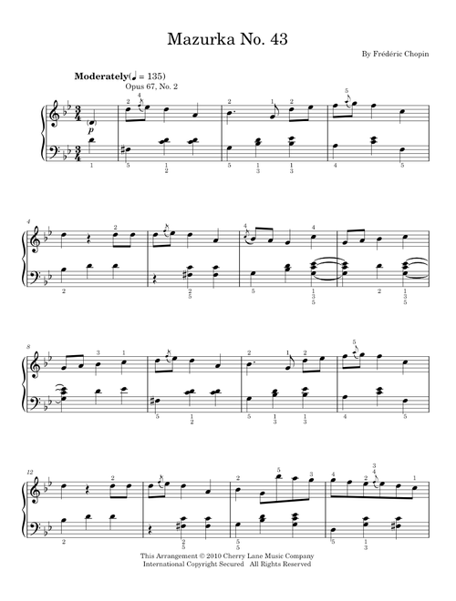 Mazurka  Op. 67, No. 2 - Frederic Chopin (Easy Piano)